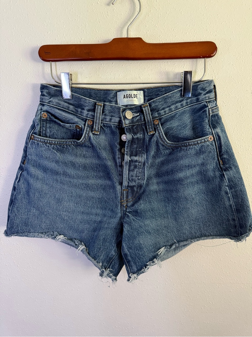 AGOLDE Parker Shorts 25 High Rise Raw Hem Denim Cutoff Medium Wash